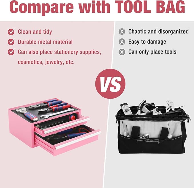 WORKPRO 12.5" Mini Tool Box with 2 Drawers & 1 Open Top Storage, Small Metal Tool Chest with PVC Liners & PP Feet Pads, Cold Rolled Steel Toolbox with Drawer Liners & Magnetic Tabs - Pink Ribbon