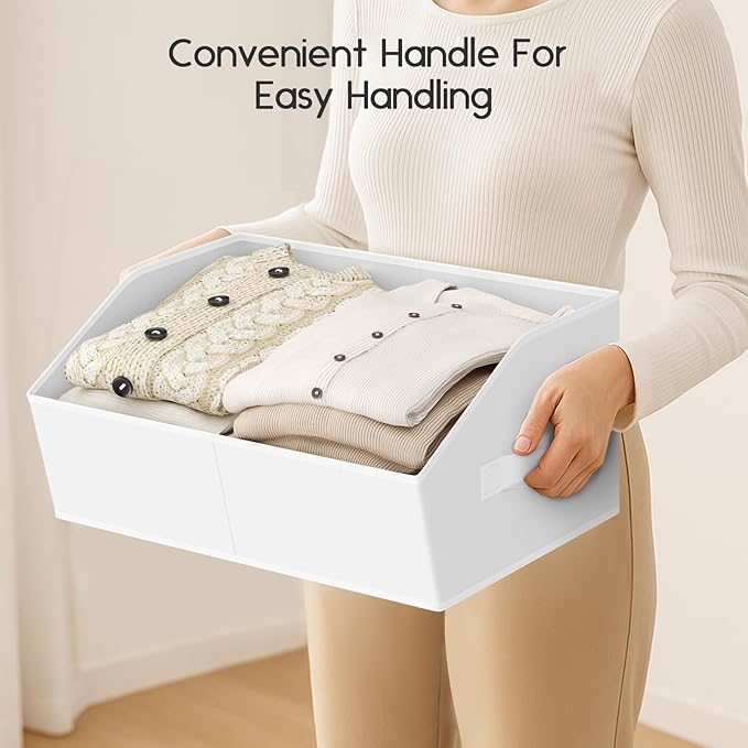 Large Closet Organizers and Storage Bins - 4 Pack Trapezoid Storage Baskets for Shelves, Foldable Fabric Baskets with Handles Ideal for Closet, Basket, Wardrobe and Shelf Storage, White