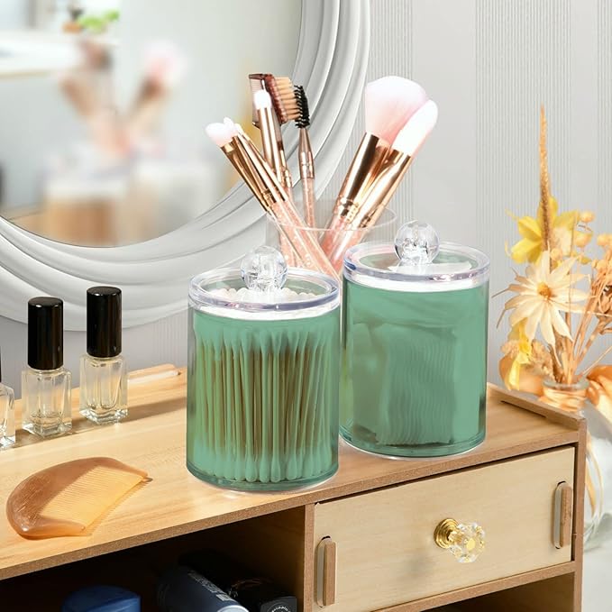Sage Green Qtip Dispenser Apothecary Jars Bathroom Qtip Holder Storage Canister 10 Oz Plastic Jar for Cotton Ball Swab Round Pads Floss 4pcs