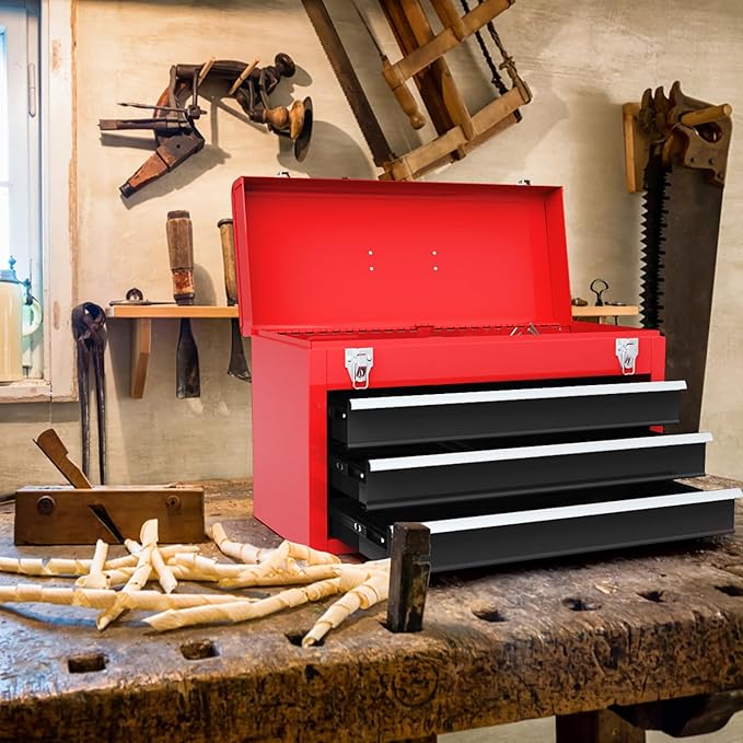 IRONMAX Portable Tool Box, 20.5’’ Lockable Steel Tool Chest Cabinet w/Comfortable Handle & 3 Drawers, Heavy Duty Storage Toolbox Tool Organizer for Garage, Warehouse, Home (Black+Red)