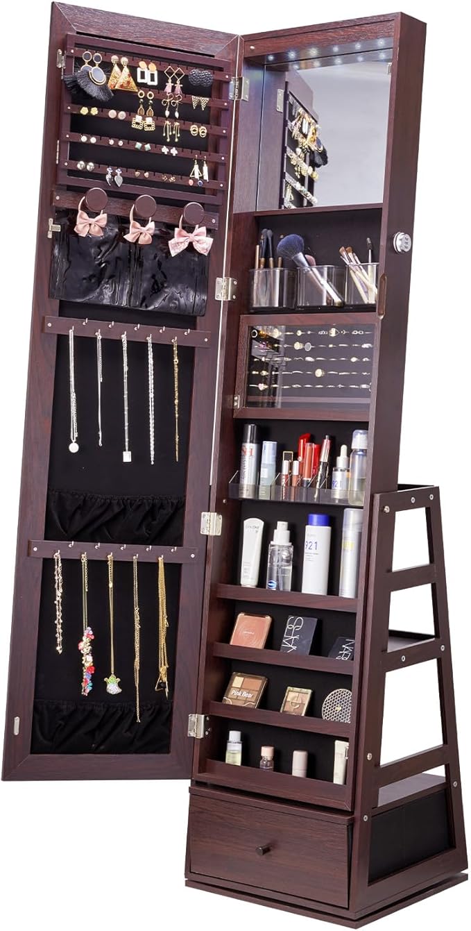 VEVOR 360° Swivel Jewelry Cabinet Armoire, 63-Inch Tall Lockable Jewelry Organizer with Full-Length Mirror, LED Light, Velvet Lining, Drawer, Freestanding, Brown