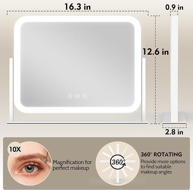 HNV Lighted Makeup Mirror, 17"x13" Hollywood Vanity Mirror with Lights, 10X Magnification, 3 Color Dimmable LED, Smart Touch Control, 360° Rotation Tabletop Mirror for Bedroom & Dressing Room (White)
