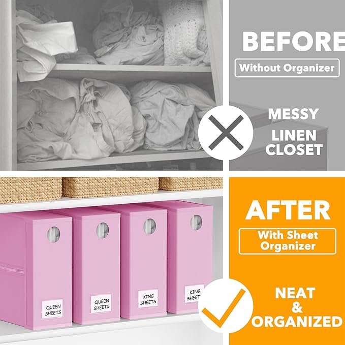 SpaceAid 4 Pack Bed Sheet Organizers and Storage, Foldable Sheet Organizer for Linen Closet, Sheets Set Folder Keeper with Window XL (Queen & King Size) Bedding Container (Pink, 4 Pack)