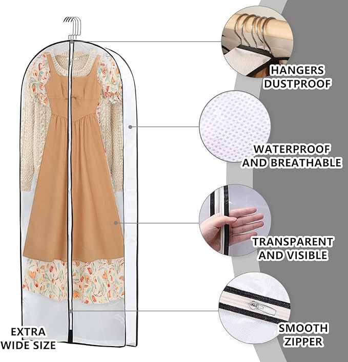 3 Pack Garment Bags for Hanging Clothes Storage, Clear Suit Dress Bags with Zippers for Travel Moving, Breathable Closet Storage for Shirts Gowns Coats Jackets Sweater Fur 60" Long