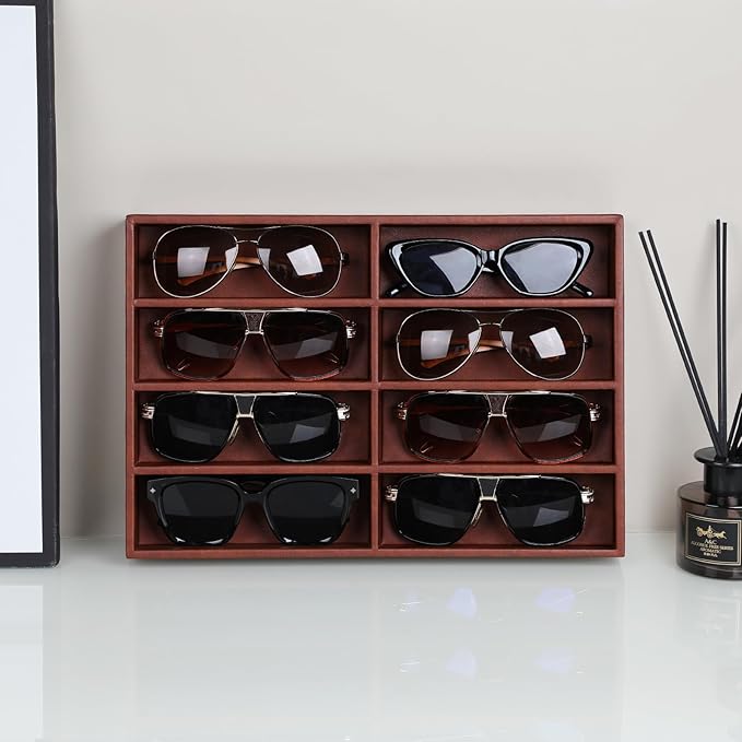 Sunglass Organizer Tray, PU Leather Sunglasses Organizer with 8 Grids for Drawer, Stackable Sunglass Holder Storage