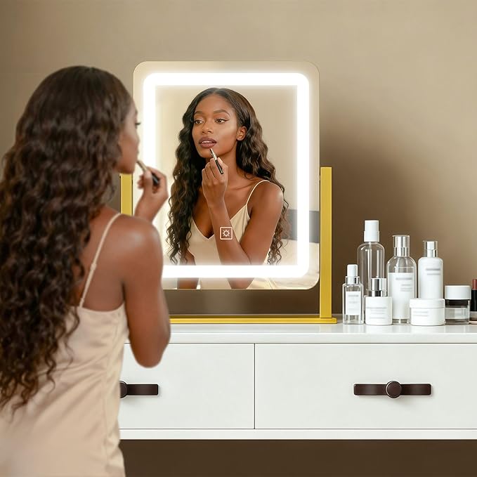 HNV 15"x13" Gold Vanity Mirror with Lights, Small LED Makeup Mirror for Desk, 3 Color Modes & Dimmable Touch Control, 360° Rotation Metal Frame, USB Plug-in Lighted Mirror for Bedroom, Dorm, Teen Gift