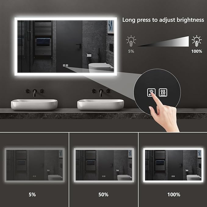 APRILSOUL 60x36 Inch LED Mirror for Bathroom, Led Vanity Mirror with Front and Backlit, 3 Color Lights, Memory Function, Anti-Fog and Dimmable Light (Horizontal/Vertical)