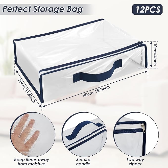 12 Pack Clear Storage Bags with Zipper,12L Plastic Blanket Storage Bags Waterproof Moving Bags Foldable Closet Organizer Handle for Clothing Bedding Linen Sweater Bed Sheet Clothes,15.7x11.8x3.9 Inch