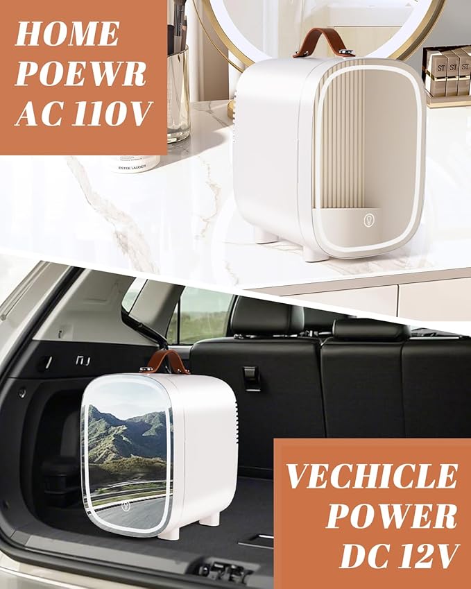 Mini Fridge for Bedroom, 4 Liter/6 Can Skincare Fridge With LED Mirror,12v AC/DC Cooler & Warmer Portable Small Refrigerator for Drinks, Makeup, Dorm, Office and Car(White)
