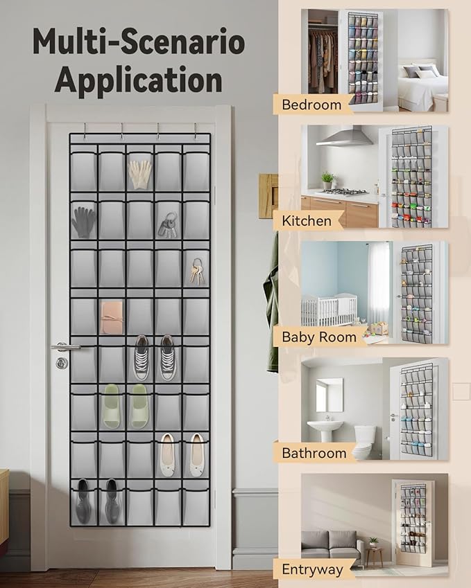 dodowin Over the Door Shoe Organizers, 2 Pack (1 Black & 1 Grey) -40 Deep Mesh Pockets Each, Over The Door Shoe Rack, Space Saving Hanging Storage Holder for Closets, Shoes & Accessories