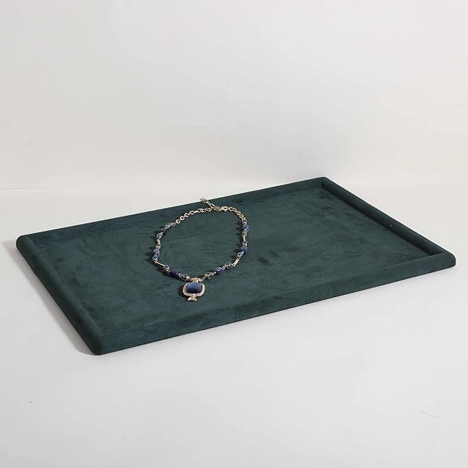 Rectangle Jewelry storage organizer plate, Velvet Jewerly display tray, Empty showcase tray for Necklace Bracelet Ring Earring【Green-Large, 17.7 x 11.8 in 】