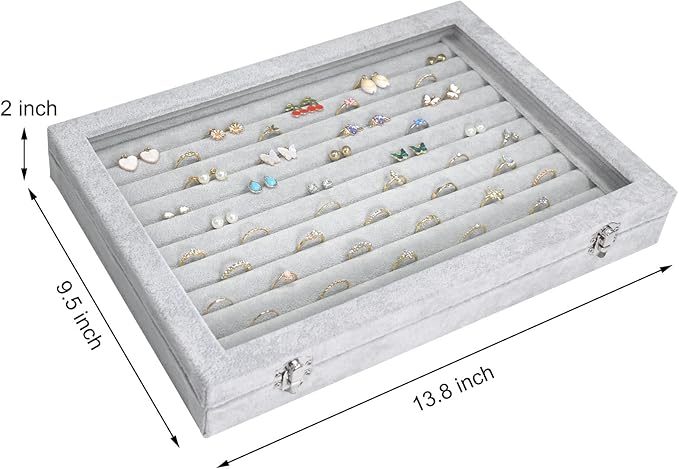 Rings Organizer Tray 10 Slots Velvet Ring Display Tray Insert Jewelry Earring Storage Box with Transparent Glass lid Can Hold 100 Rings Earrings Suitable for Girls and Women (Grey)