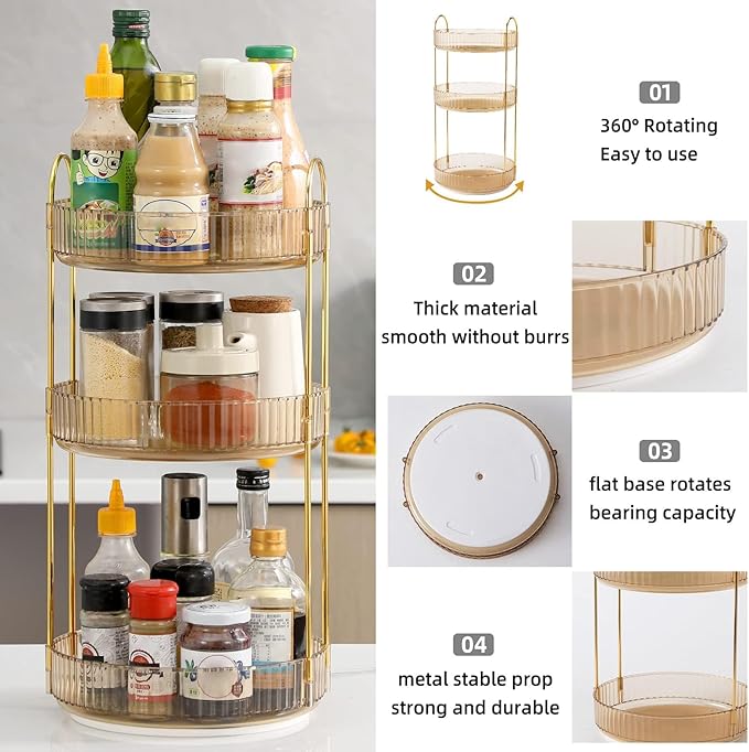 360 Rotating Makeup Organizer for Vanity, Bathroom Countertop Spinning Perfume Organizer, High-Capacity Cosmetic and Skincare Dresser Make Up Holder Rack (3 Tiers, Yellow)