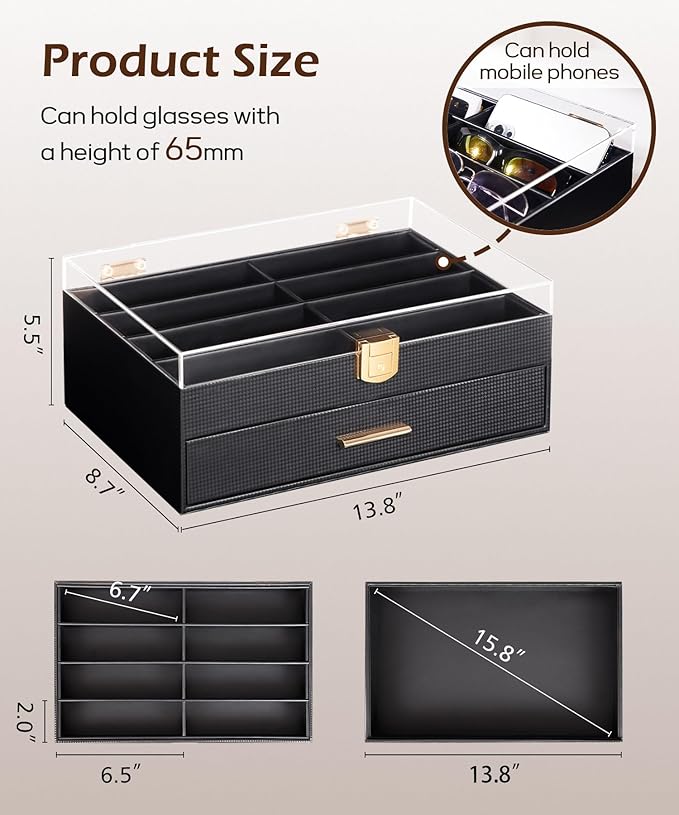 Homde Sunglasses Case Carbon Fibre: Large Organizer for Men Bedroom Dresser - Acrylic Clear Display Holder for Glasses & Jewelry