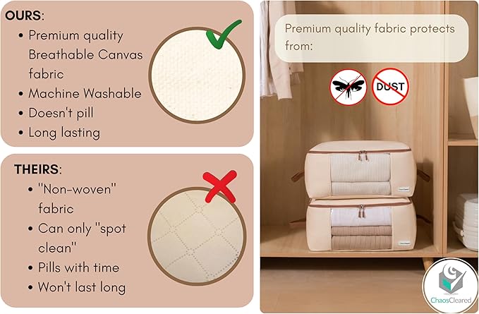 Canvas Storage Bags Designer Organizer for Clothing 2 Pack – Clothes Organizers for sweaters, clothing, garment, bedding, quilt, linens, large bag with zip & window, mothproof