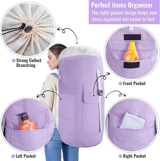 Laundry Bag Backpack, 125L Extra Large Laundry Backpack with Shoulder Straps, Adjustable Extendable Laundry Hamper Bag with 3 Pockets for College, Travel, Camping (Purple)