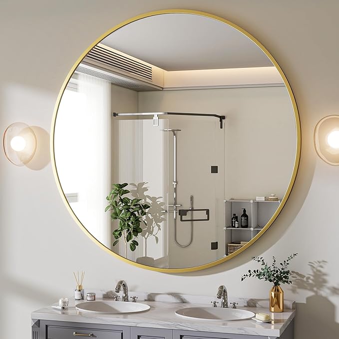 BEAUTYPEAK 48 Inch Round Mirror, Metal Frame Circle Mirror, Wall Mounted for Entryway, Bathroom, Vanity, Living Room, Gold