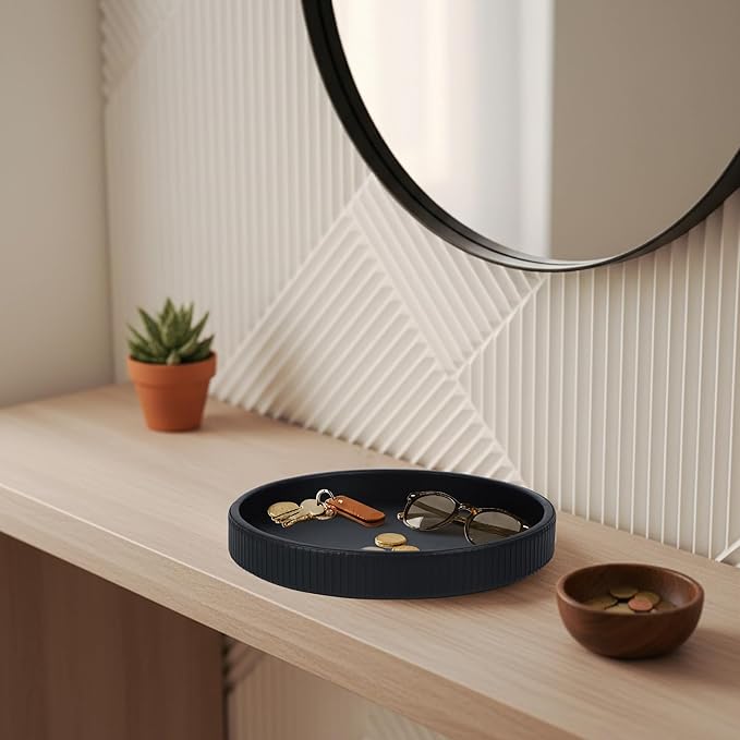 HofferRuffer Round Decorative Tray, Faux Leather Vanity Tray Decor, Decorative Catchall for Perfume, Bathroom Valet, Nightstand or Dresser (Black Stripe, Round-12" x 12" x 1.6")