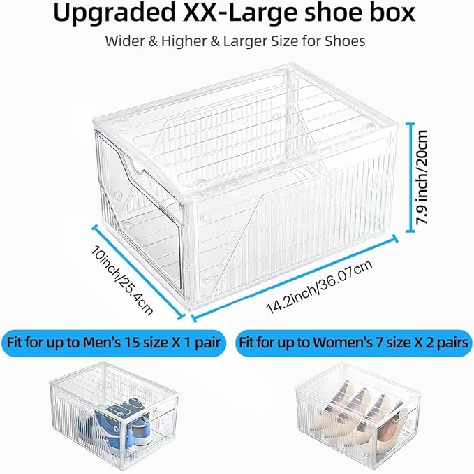Foldable Shoe Organizer,Shoe Storage Organizer,10 Pack Shoe Box Clear Plastic Stackable,Drop Front Shoe Box with magnetic Door, Containers For Sneaker,Fit up to US Size 15