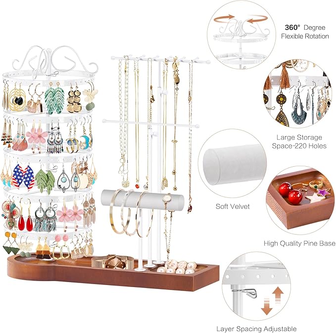 KALYLOC Jewelry Earring Holder Organizer, Adjustable 5 Tiers Rotating Earring Holder 3 Tier Necklace Holder with Wooden Base, Multi-Functional Jewelry Organizer Display Stand for Studs Bracelet Women