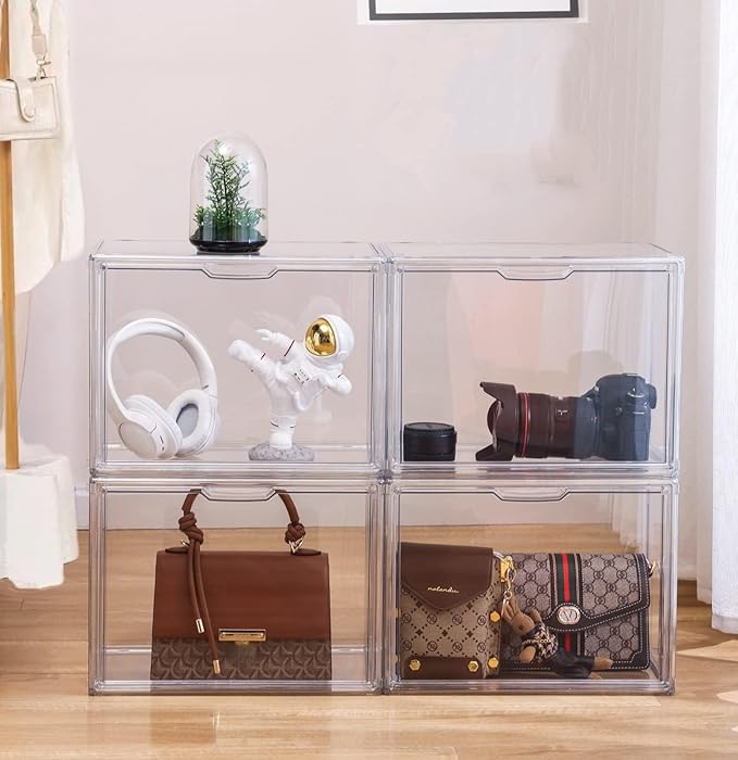 Purse Organizer for Closet, 5 Pack Clear Acrylic Display Case for Purse Handbag Storage, Stackable Purse Storage Boxes with Magnetic Door for Collectibles, Wallet, Cosmetic