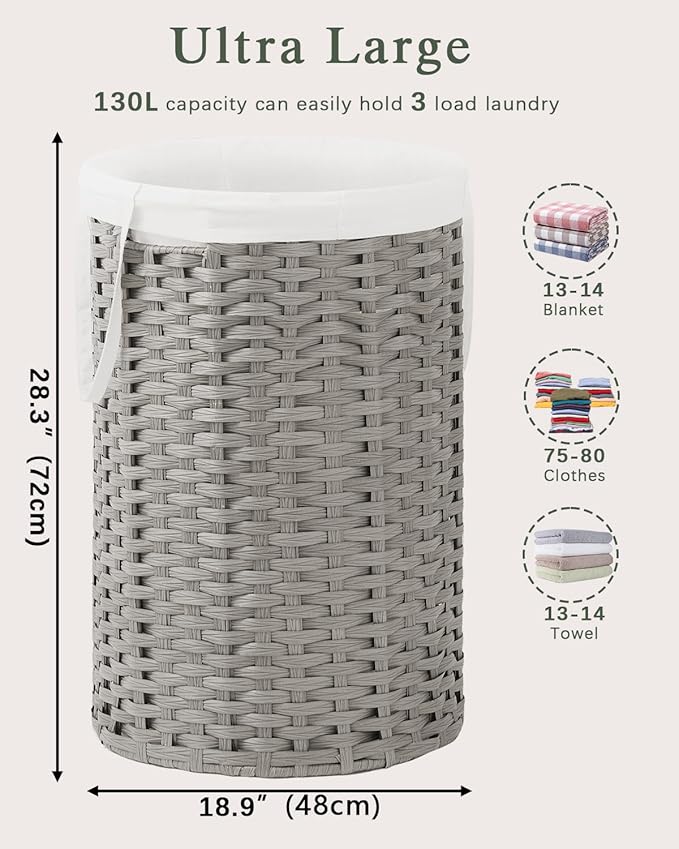 34.3 Gal (130 L) Large Laundry Hamper Laundry Basket Round Handwoven Wicker Laundry Baskets Rattan Laundry Basket with Removable Bag Handles 2 Mesh Bags for Living Room Bedroom Gray (No Lid)