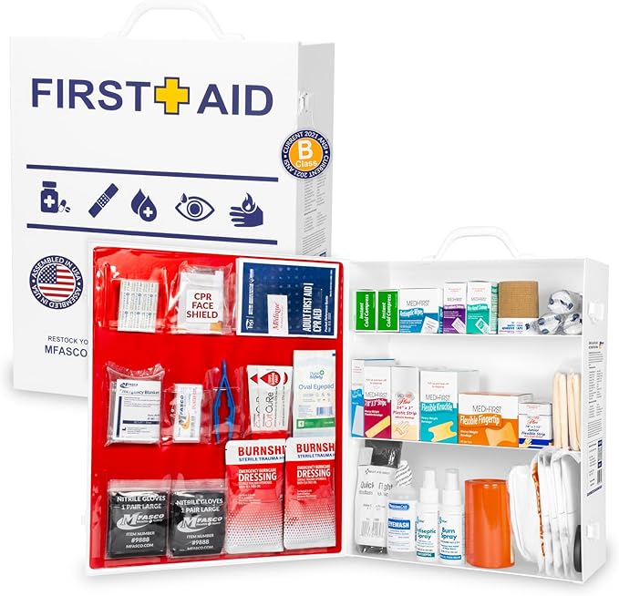MFASCO OSHA/ANSI 2021 Class B Compliant First Aid Cabinet - Large 3-Shelf Wall Mount Kit for Office, Commercial Businesses - Complete Metal First Aid Box with Supplies - No Medications