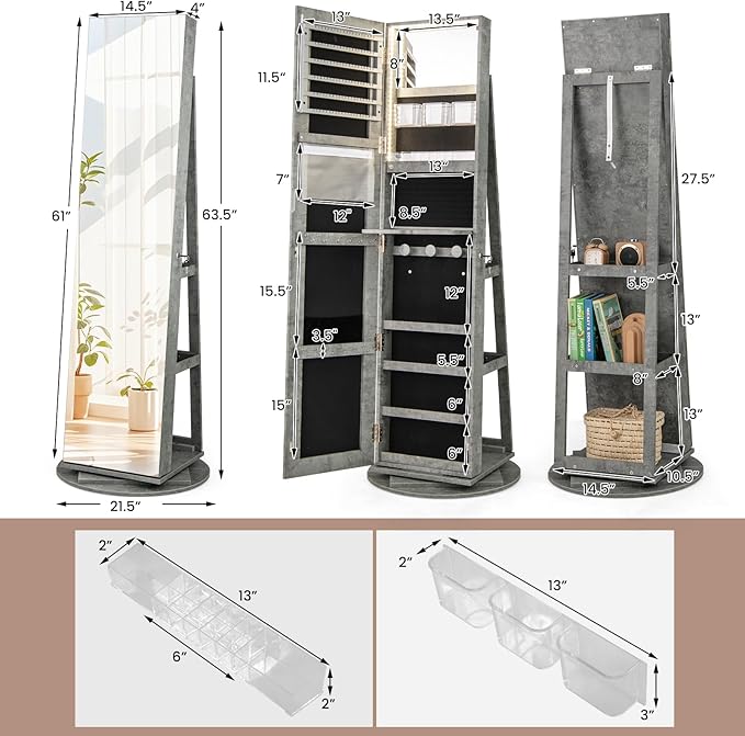 GOFLAME 360° Rotating Jewelry Cabinet with Full-Length Mirror, Freestanding Jewelry Armoire with 3-Color LED Light and Back Storage Shelf, Lockable Jewelry Organizer for Bedroom Cloakroom, Stone Gray