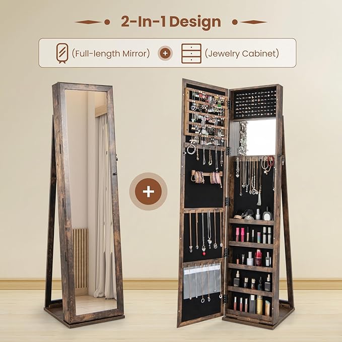 GOFLAME Jewelry Cabinet with Full-length Mirror, Jewelry Storage Organizer with Makeup Mirror, Back Storage Shelf, Lockable Jewelry Cabinet Armoire for Bedroom, Living Room (Brown)