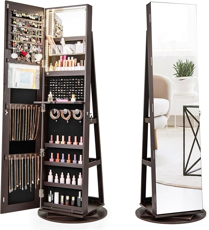 Mirror Jewelry Cabinet Standing with Full Length Mirror, 360° Swivel Jewelry Armoire with 3-Color LED Lights & Foldable Makeup Shelf, Lockable Organizer for Women, Space-Saving (Espresso)