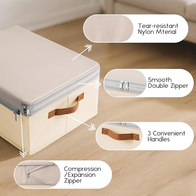 Large Closet Storage Bins - Compression Organizer Bins, Stackable Closet Organizer, Expandable Under Bed Storage Containers for Clothes, Towels, Sheet, 4 Pack, Beige