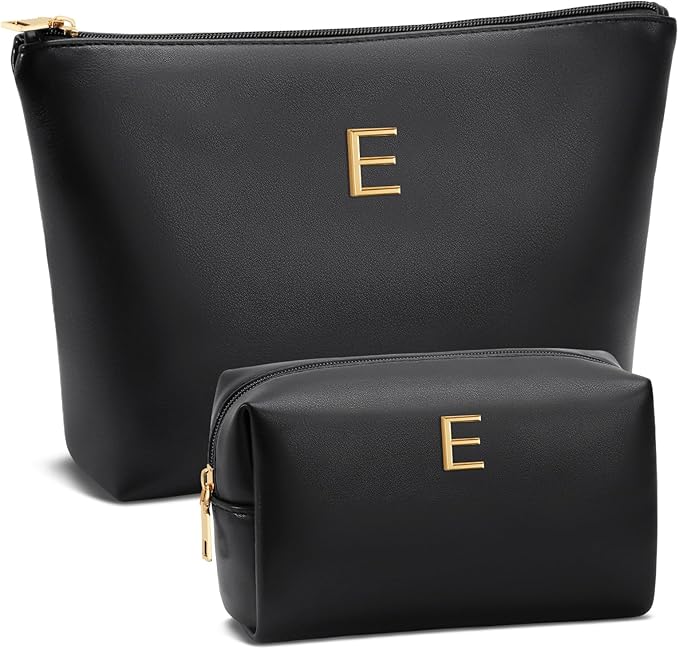 Valentine's Day Gifts for Women Girlfriend Initial Makeup Bag for Teen Girls Personalized Gifts for Friend Teacher Mom Wife Cosmetic Travel Toiletry Bag(Black,E)