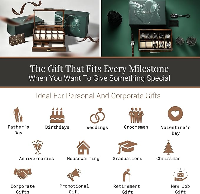 Shanik Wooden Watch Box with Drawer & Glass Lid – Acacia Wood Valet Tray Organizer for Men, Minimalist Nightstand Storage, Engraved Daily Watch Display Case, Personalized Gift for Him, Father’s Day