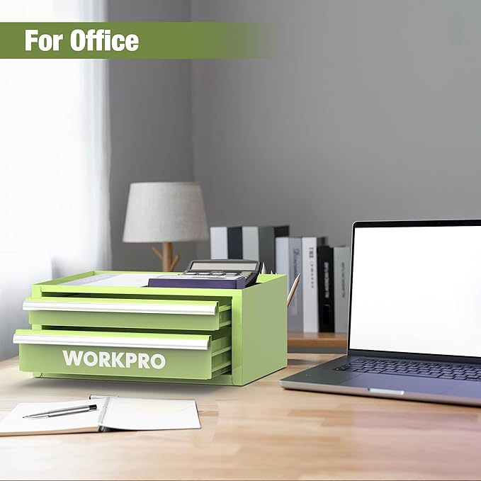 WORKPRO 12.5" Mini Tool Box with 2 Drawers & 1 Open Top Storage, Small Metal Tool Chest with PVC Liners & PP Feet Pads, Cold Rolled Steel Toolbox with Drawer Liners & Magnetic Tabs