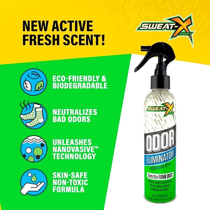 Sweat X Sport Extreme Odor Spray – Multipurpose Deodorizer for Stinky Shoes, Clothes, Sports Equipment & All Fabrics – Concentrated Formula, No Washing Required - Active Fresh Scent – 8 Fl Oz