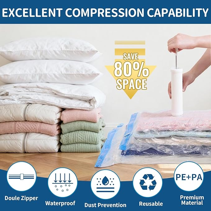 Vacuum Storage Bags for Clothing Travel,7 Pack Vacuum Bags with Pump,Space Saver Bags for Clothes Travel & Home (2 Roll-Up Bags,1 Small,1 Medium,1 Large,1 Jumbo,1 Super Jumbo)