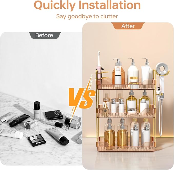 Bathroom Counter Organizer with Hair Dryer Holder and Toothbrush Holder, Acrylic Vanity Tray for Skincare, Perfume, Makeup Storage on Countertop ＆ Dresser (Amber, 3-Tier)