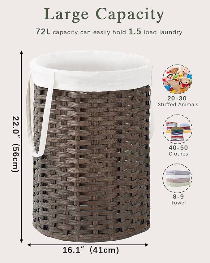 Laundry Hamper Laundry Basket Round 19.0 Gal (72 L) Handwoven Rattan Hamper, Large Wicker Laundry Hamper with Removable Laundry Bag Handles 2 Mesh Bags for Bathroom Living Room Brown (No Lid)
