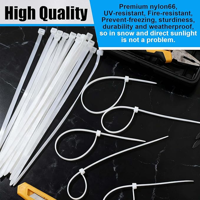 500 Pcs 12 Inch Zip Ties Heavy Duty 120 Lbs Tensile Strength White Nylon Wire Cable Ties Bulk for Indoor Outdoor