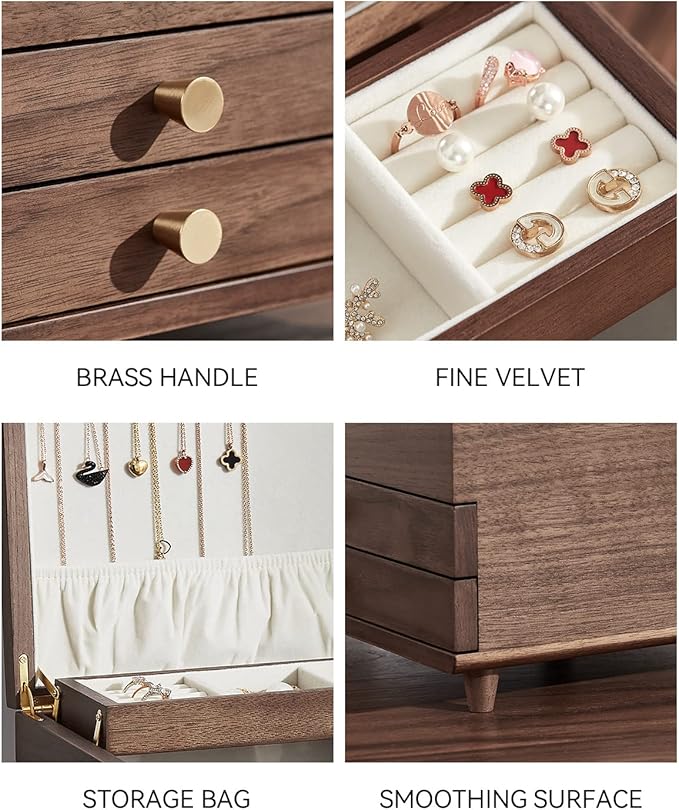 Wooden Jewelry Box, 3 Layer Large Jewelry Organizer for Women, Jewelry Storage, for Necklaces Rings Earring Watches Bracelets, Black Walnut Wood, Valentine's Day Gift