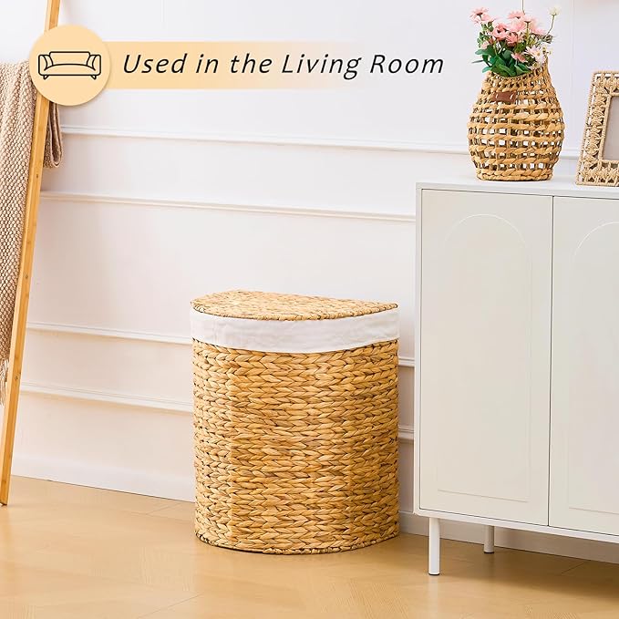 Half Round Wicker Laundry Hamper with Lid and 2 Removable Liner Bags, Handwoven Natural Water Hyacinth Laundry Basket for Dirty Clothes, Natural