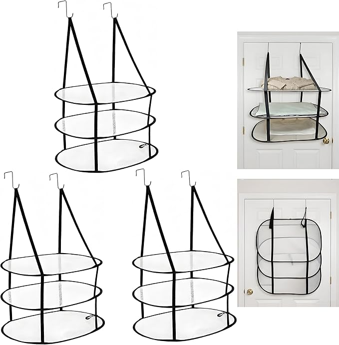 SAMJANE Sweater Drying Rack Hanging – Lay-Flat Warp-Knit Airflow Mesh for Delicates, 3-Tier Foldable Space-Saving Door-Hanging Design for Fast Drying & No Deformation in Small Spaces (Black - 3 Pack)