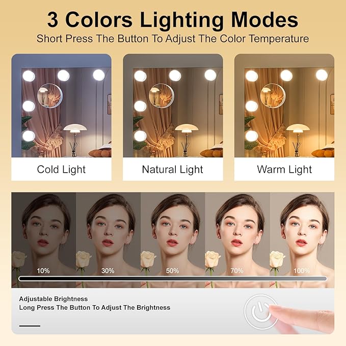 Hasipu Hollywood Vanity Mirror with Lights, 41" x 30" Makeup Mirror with 21 Dimmable LED Bulbs 3 Color Modes & Detachable, 5X Magnifying Glass, Touch Control, USB and Type-C, Tempered Glass