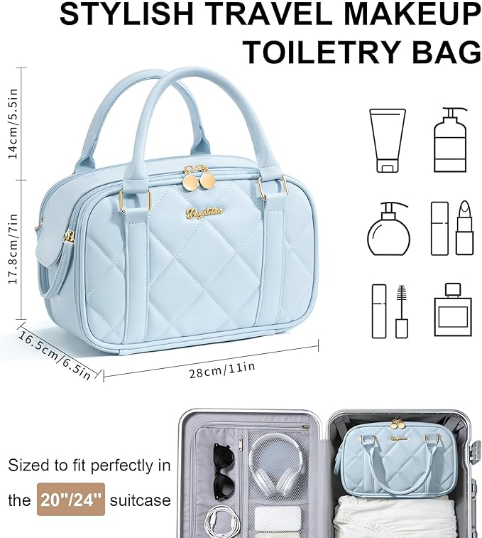 Travel Makeup Bag, Large Capacity Quilted Toiletry Bag for Women Stand-up Cosmetic Bag Open Flat Make Up Case Organizer Portable Pouch Purse w/Handle for Traveling Accessories, Blue