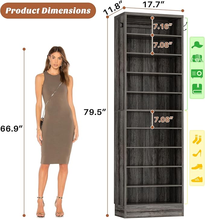 Aheaplus Tall Shoe Cabinet, 10 Tiers Narrow Wood Shoe Rack, Shoe Storage Organizer with Open Storage, Vertical Shoe Shelf Tower for 20-22 Pairs, Space Saving, for Closet, Entryway, Bedroom, Black Oak