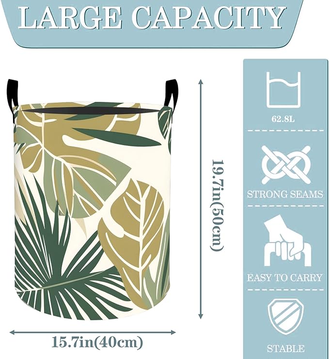 Tropical Palm Monstera Leaf Laundry Basket, Dirty Collapsible Clothes Toy Organizer Hamper for Kids Adults, Oxford Cloth Waterproof Storage Bin for Room Bathroom Home Decor Gifts, 19.7"X15.7"