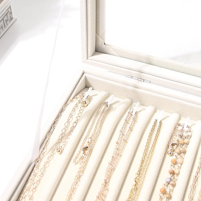 14 Hooks Necklace Storage Tray, Velvet Neckalce Organizer Box with Clear Lid, Pendant Chain Necklace Jewelry Organizer Drawer Tray for Women Girls (Beige)