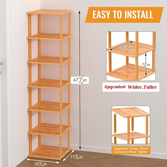 Bamboo Free Standing Shoe Rack Shelf Multi Tier Tall Wooden Stackable Shoes Rack Organizer for Closet Front Door Entrance Narrow Vertical Shoe Storage (Nature, 7 Tiers)