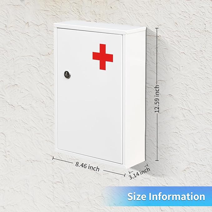 Wall Mount Locking Medicine Cabinet Organizer, Medicine Lock Box with Key, First Aid Box Empty Wall Cabinet, Secure Steel Medication Box