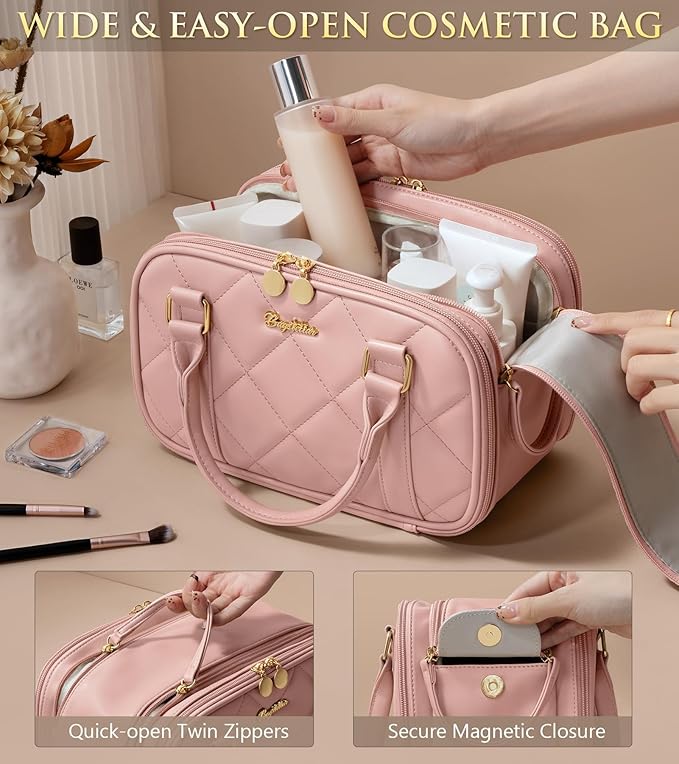 Travel Makeup Bag, Large Capacity Quilted Toiletry Bag for Women Stand-up Cosmetic Bag Open Flat Make Up Case Organizer Portable Pouch Purse w/Handle for Traveling Accessories, Pink